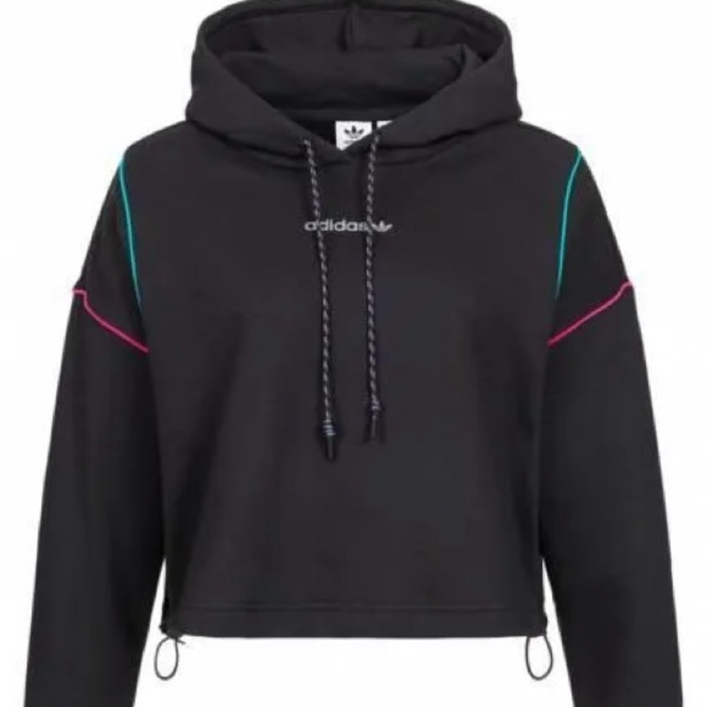 Adidas Women's Black Hoodie with Pink and Blue Accents